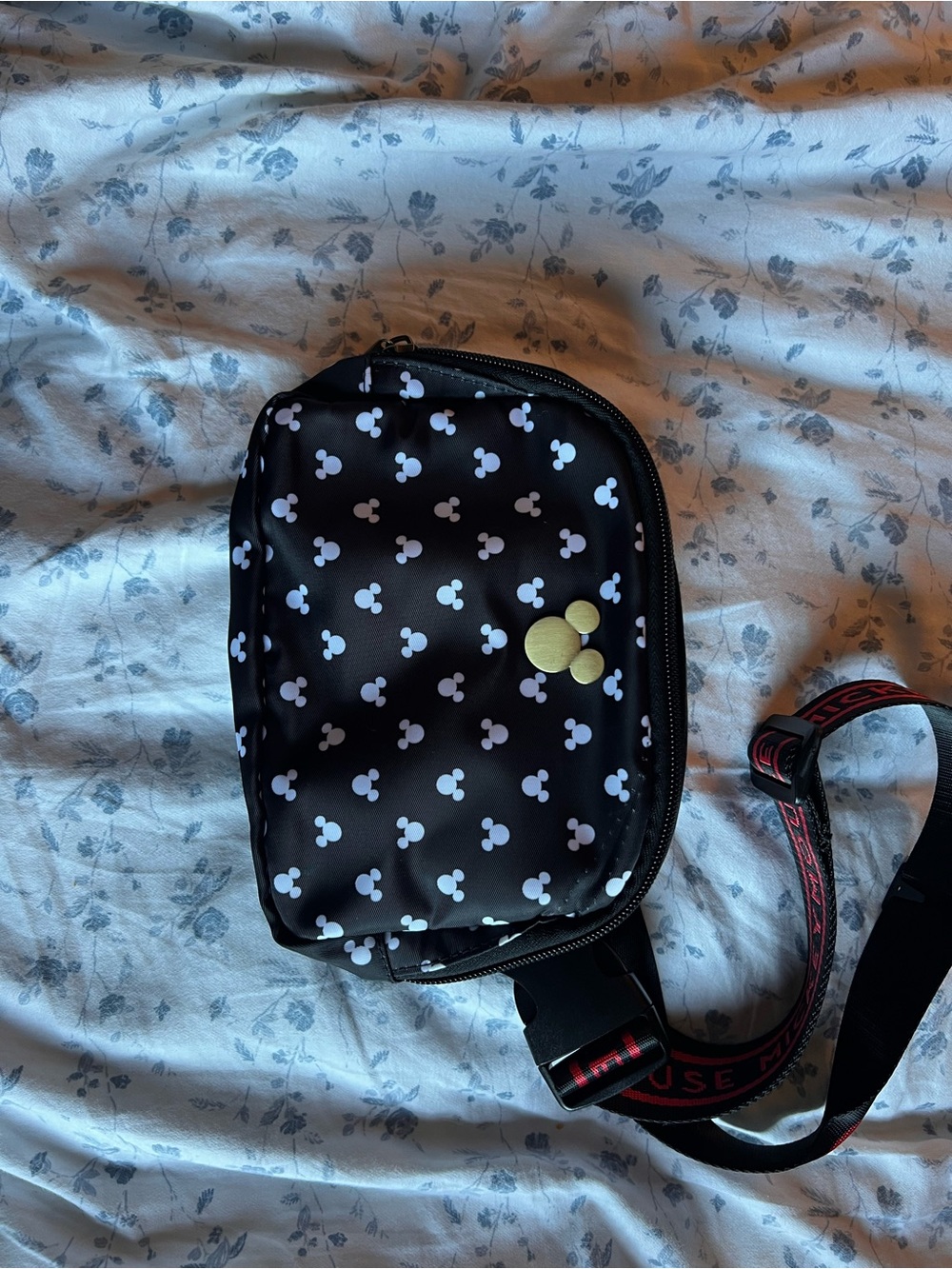 Black Crossbody Bag with White Dot Pattern and Gold Accent